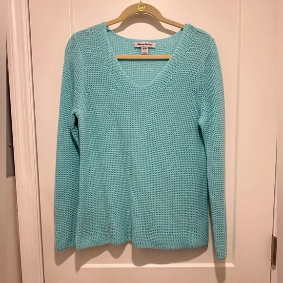 Tommy Bahama Ladies 100% Cotton Knit V Neck Sweater Teal Size Medium - Picture 1 of 4